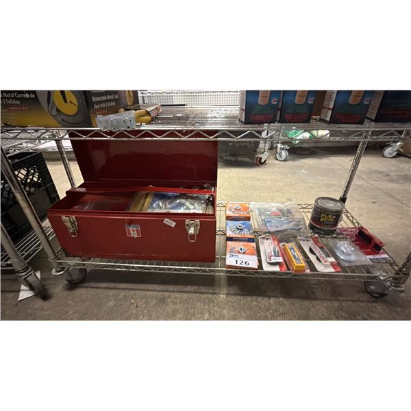 SHELF OF ASSORTED ITEMS INCLUDING; TOOLBOX WITH CONTENTS, SAUCER CUP BRUSHES, KNIFE BLADES & MORE
