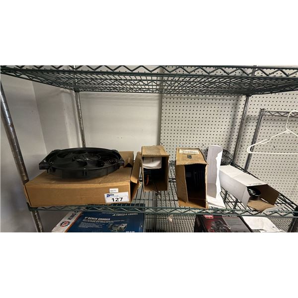 SHELF OF ASSORTED ITEMS INCLUDING; ZEROSTART DEFROST FANS, TENSIONER, & HEAVY DUTY FAN
