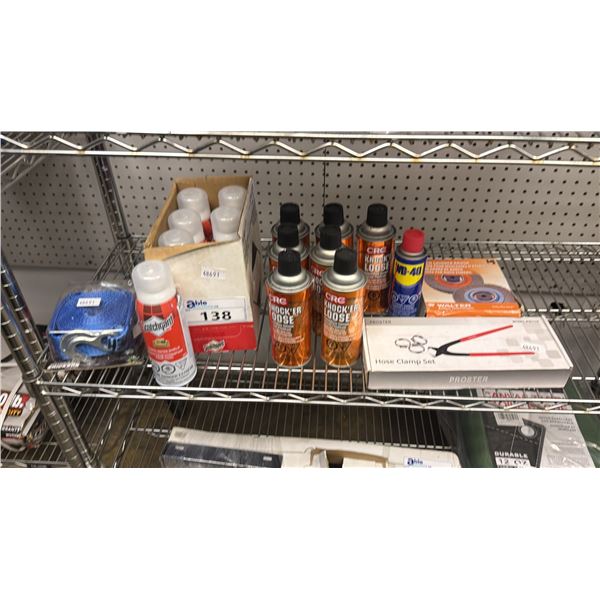 ASSORTED ITEMS INCLUDING; SCOTCHGUARD FABRIC WATER SHIELD, ORC KNOCK'ERLOOSE PENETRATING SOLVENT,