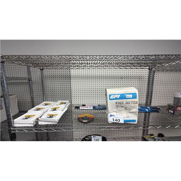 SHELF OF ASSORTED ITEMS INCLUDING; GPI FUEL METER, BOSCH CLEAR ADVANTAGE 28 WINDSHIELD WIPERS &