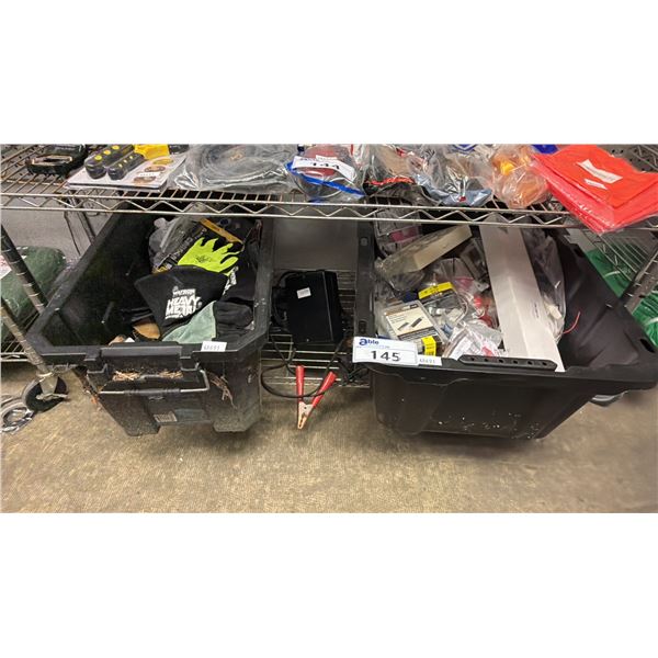 SHELF OF ASSORTED ITEMS INCLUDING; SAFETY WORK GLOVES, SPRING ASSORTMENT KIT, ELECTRICAL COMPONENTS
