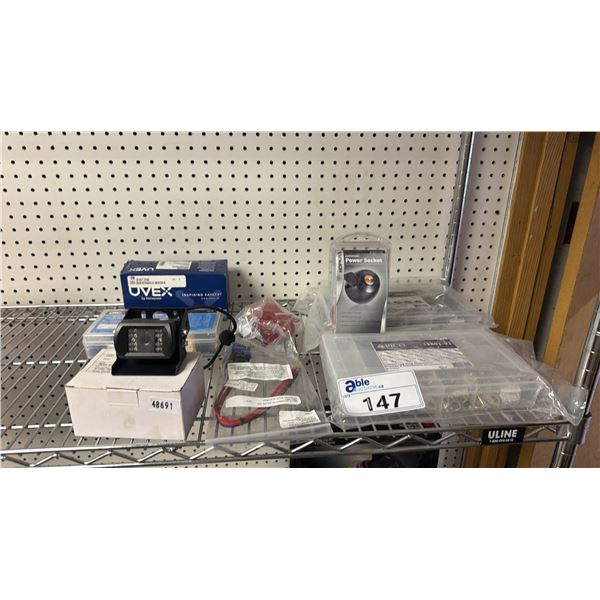 ASSORTED ITEMS INCLUDING; DASH CAMERA, TUBULAR LUG RING ASSORTMENT KITS & MORE