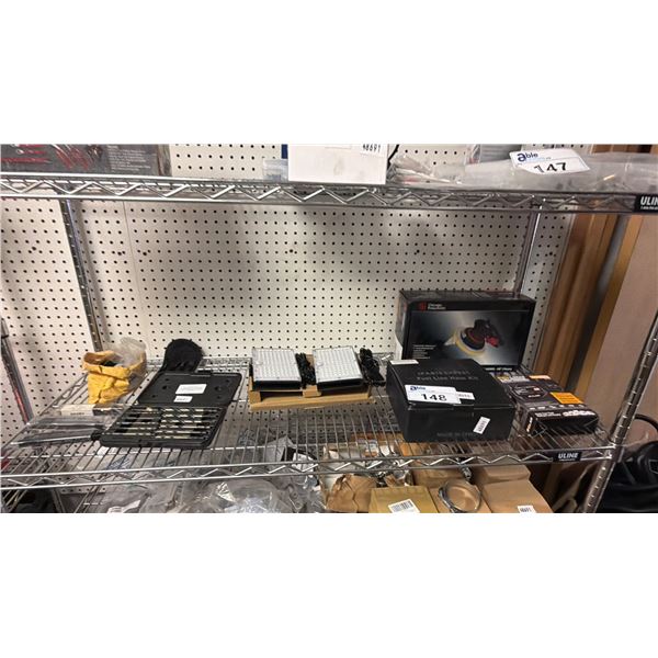 SHELF OF ASSORTED ITEMS INCLUDING; CHICAGO PNEUMATIC RANDOM ORBITAL SANDER, DRILL BIT SET, FUEL