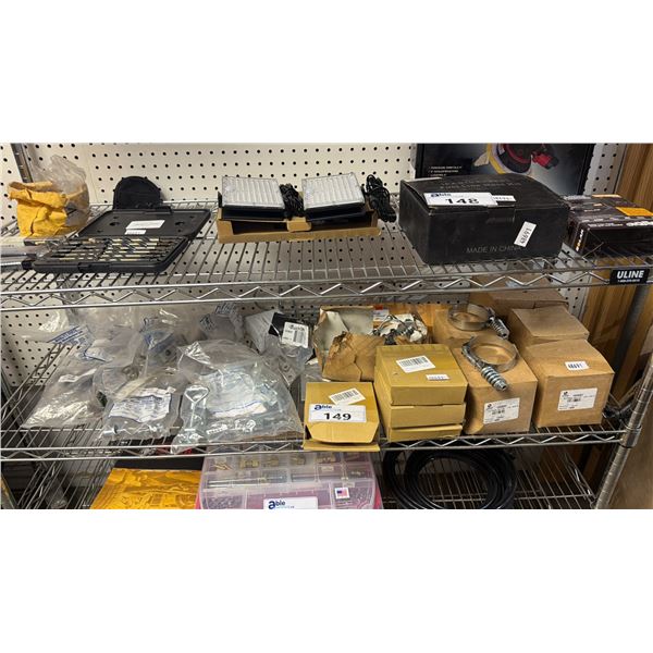 SHELF OF ASSORTED ITEMS INCLUDING; T-BOLT CLAMPS, ADJUSTABLE LATCHES & MORE
