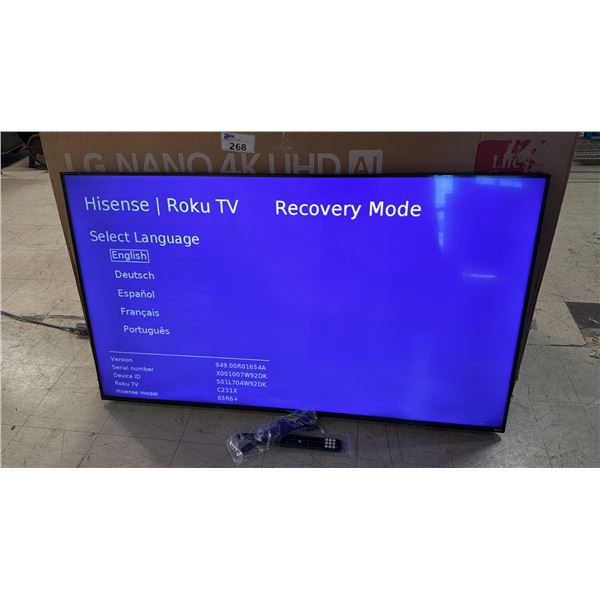 HISENSE 65" 4K SMART ROKU TV WITH REMOTE & BOX *DEAD PIXEL SPOT/STAND MAY NOT MATCH*