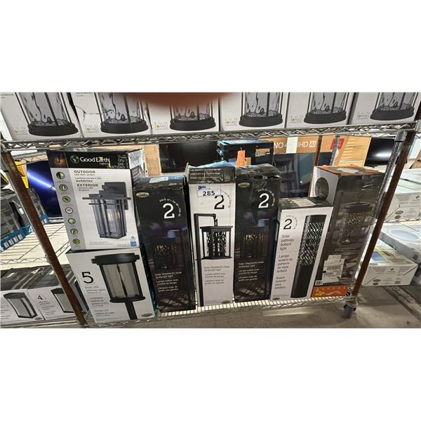 SHELF LOT OF ASSORTED SOLAR AND LED LIGHTS