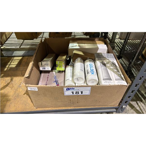 BOX OF ASSORTED ITEMS INCLUDING; AIRBRUSH PAINT SPRAYER, AIRBRUSH PAINT, OIL PAIN & MORE