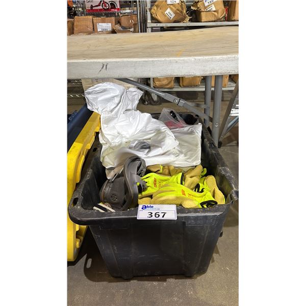 BIN OF ASSORTED ITEMS INCLUDING; RESPIRATOR MASK, WORK GLOVES, DUPONT PROSHIELD 50 COVERALLS & MORE