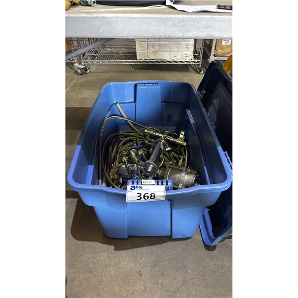 BIN OF ASSORTED ITEMS INCLUDING; PLUMBING HOSES, STAINLESS STEEL BALL VALVES, MULTI-VALVE WITH