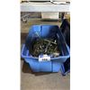 Image 1 : BIN OF ASSORTED ITEMS INCLUDING; PLUMBING HOSES, STAINLESS STEEL BALL VALVES, MULTI-VALVE WITH