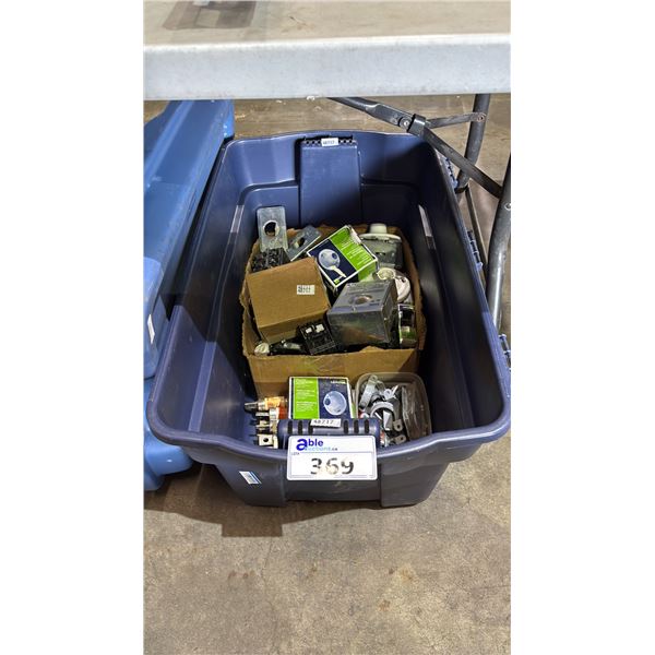 BIN OF ASSORTED ITEMS INCLUDING; FUSES, CIRCUIT-LOCK MANUAL MOTOR CONTROLLER & MORE
