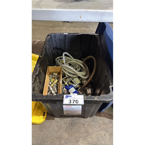 BIN OF ASSORTED ITEMS INCLUDING; HOSES, PLUMBING FITTINGS LIQUID LINE FILTER DRIER & MORE
