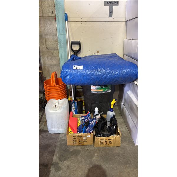ASSORTED ITEMS INCLUDING; 5 GALLON PAILS, WASTE BIN, TARP, GARBAGE BAGS & MORE