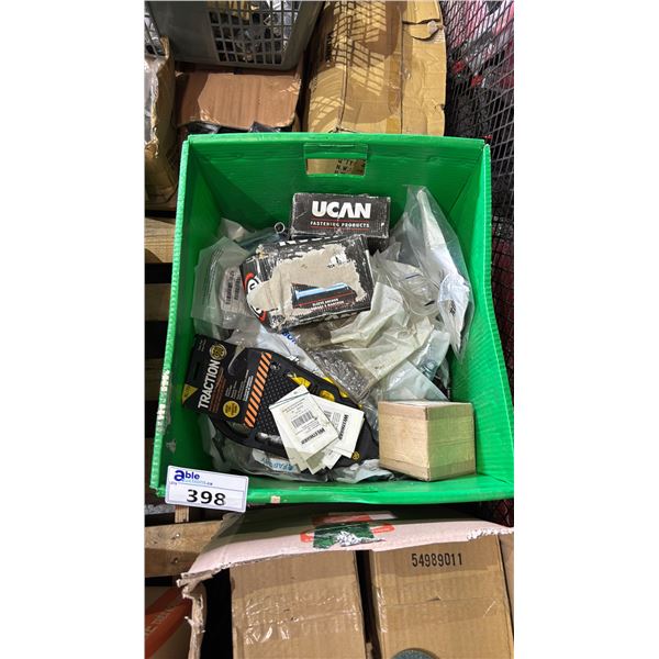 BIN OF ASSORTED ITEMS INCL. FABORY SLEEVE ANCHOR STEEL HEX NUT, UCAN SLEEVE ANCHORS AND MORE