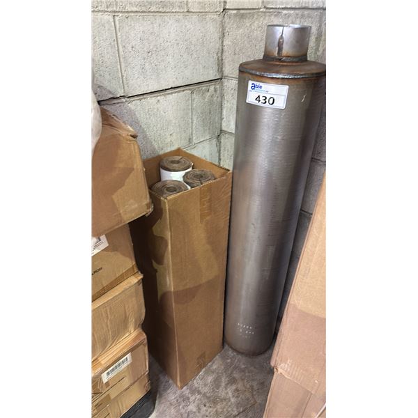 HEAVY DUTY EXHAUST MUFFLER AND BOX OF  FIBERGLASS PIPE INSULATION