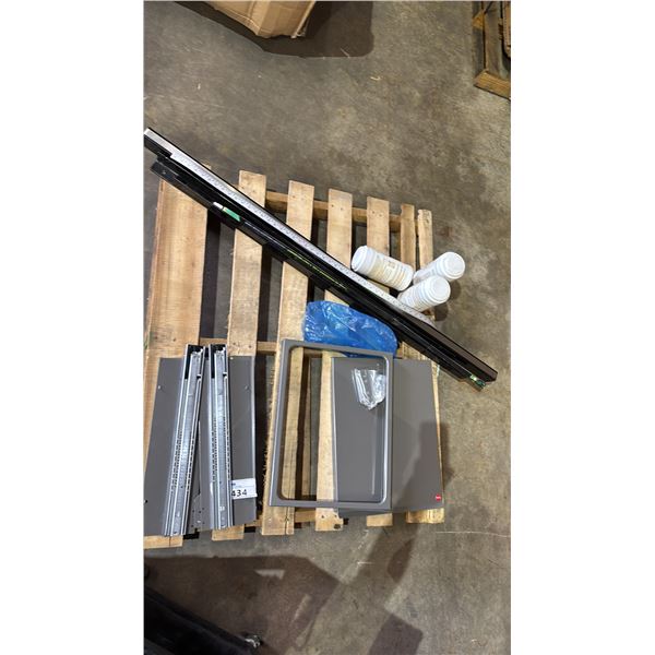 PALLET OF ASSORTED ITEMS INCLUDING METAL STORAGE CABINET AND TOTAL SOLUTION GRAFFITY WIPES AND MORE