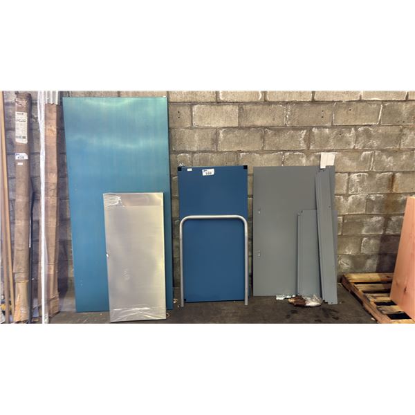 ASSORTED ITEMS INCLUDING; PUSH CART (NO WHEELS), FRIDGE/FREEZER DOORS & ELECTRICAL PANEL DOOR