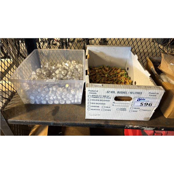 BOX OF WORLD CUP KEYCHAINS & BIN OF SMALL CONTAINERS