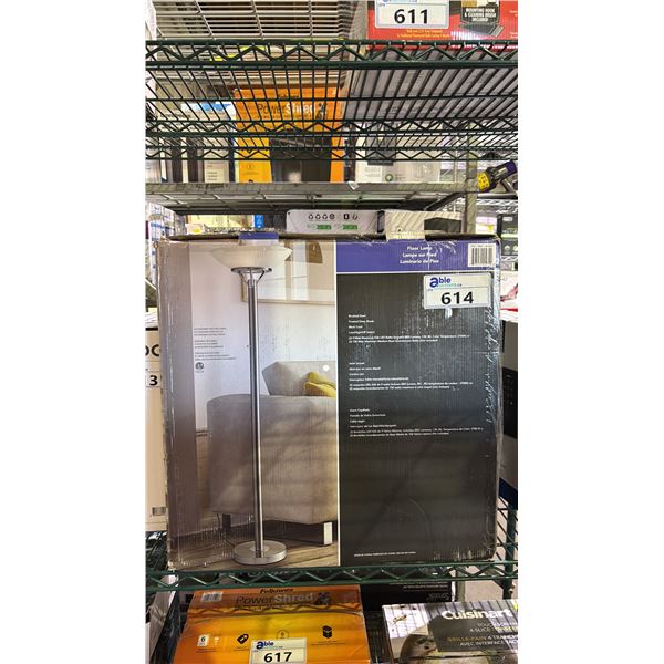BRUSHED STEEL FLOOR LAMP WITH FROSTED GLASS SHADE *WORKING CONDITION UNKNOWN/MAY BE MISSING PARTS &