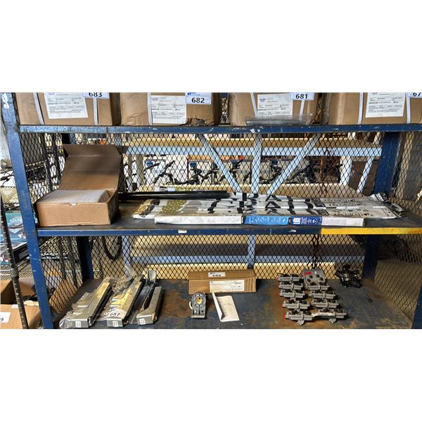 SHELF OF ASSORTED ITEMS INCLUDING; GRADUATION BANNERS, ENVELOPES & BI-FOLD DOOR HARDWARE SET