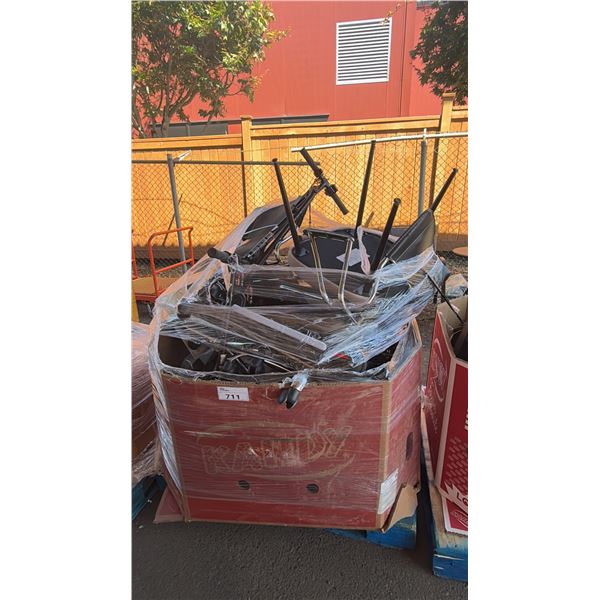 PALLET OF ASSORTED ITEMS INCLUDING E SCOOTERS, OFFICE CHAIRS, KIRKLAND COOKWARE SET AND MORE