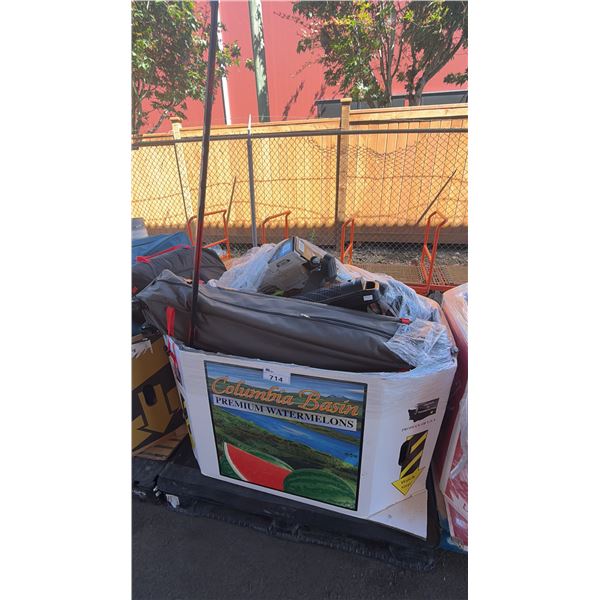 PALLET OF ASSORTED ITEMS INCL. COLEMAN CANOPY, DEWALT VACUUM CLEANER, FANS AND MORE