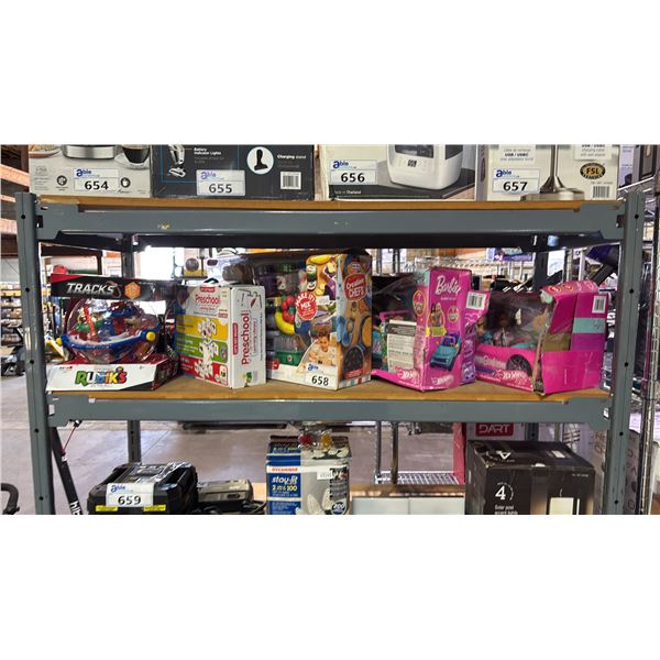 SHELF OF ASSTD. CHILDREN'S TOYS, RUBIKS TRACKS, PRESCHOOL LEARNING LIBRARY,, BARBIE RC SUV & MORE