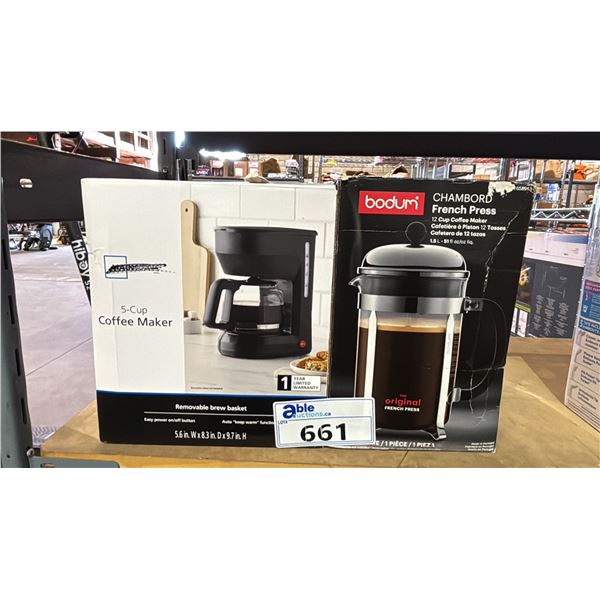 BODUM CHAMBORD FRENCH PRESS & MAINSTAYS 5-CUP COFFEE MAKER  *WORKING CONDITION UNKNOWN/MAY BE