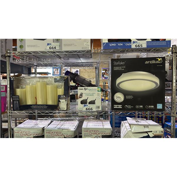 ARTIKA CEILING LIGHT FIXTURE, PRIME WIFI SMART OUTLETS & SET OF BATTERY OPERATED PILLAR CANDLES