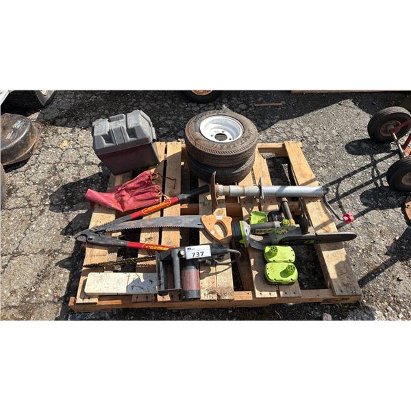 PALLET OF ASSORTED ITEMS INCLUDING; TRACTOR TRAILER TIRES, CORDLESS CHAINSAW WITH BATTERIES, BRANCH