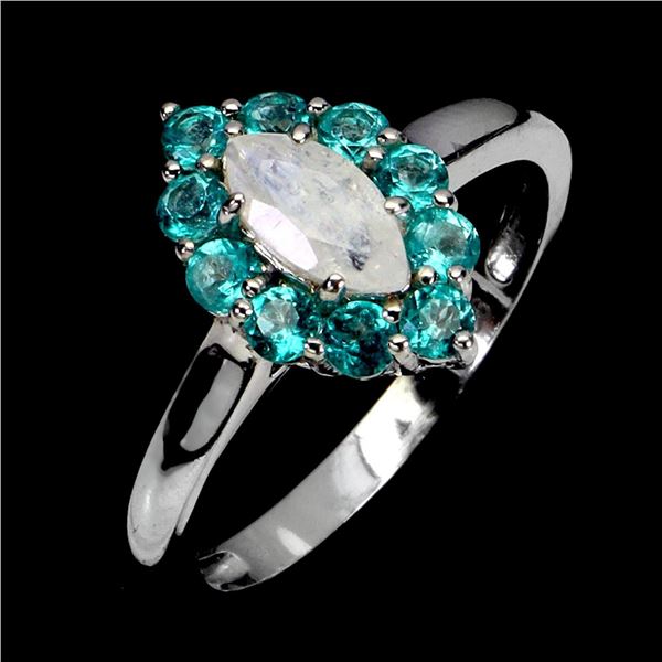 Natural Moonstone & Paraiba Blue Topaz Ring