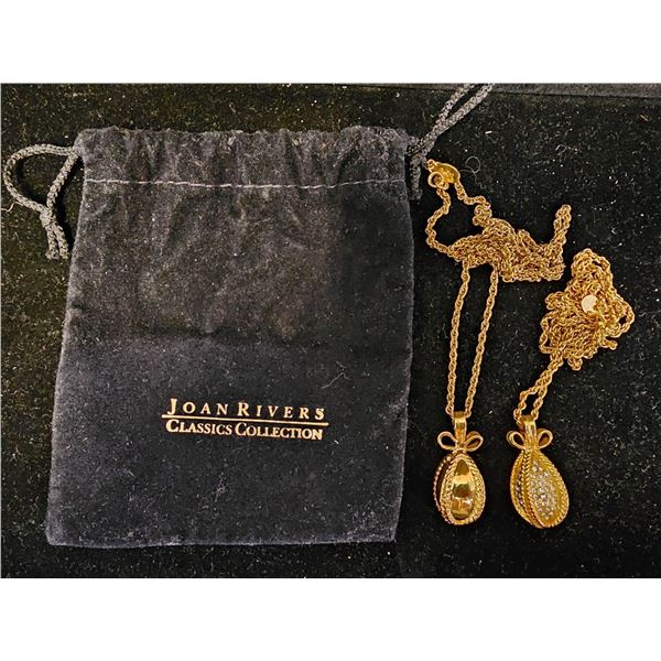 (2) VINTAGE JOAN RIVERS EGG SHAPED PENDANTS WITH VELVET POUCH