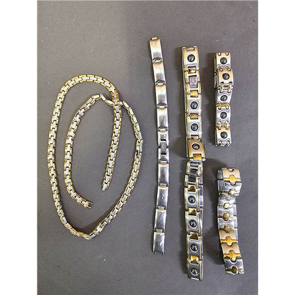 RAILROAD LINK NECKLACE, RAILROAD LINK BRACELET, 2 TONE LINK BRACELET & (3) MAGNETIC BRACELETS -