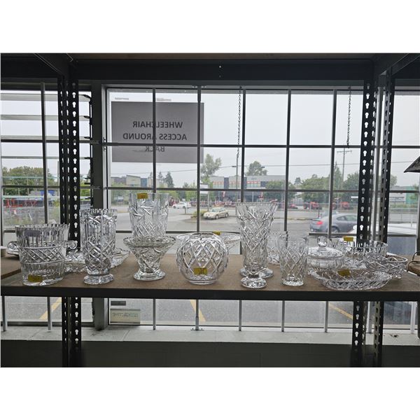 SHELF OF ASSTD. CRYSTAL VASES, SERVING PLATES, BOWLS & MORE
