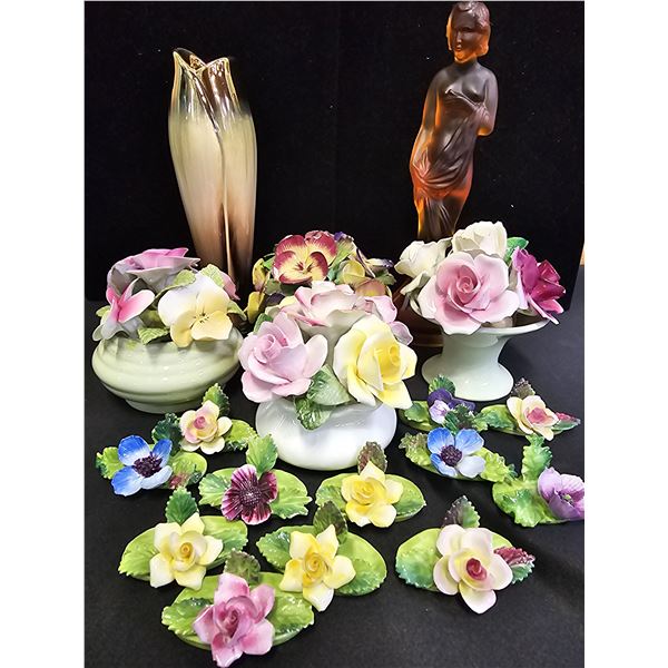 VINTAGE AMBER GLASS FIGURINE, GERMAN VASE & ASSORTED CHINA PORCELAIN FLORALS