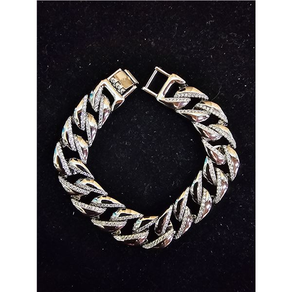 *NEW* PLATINUM PLATED 14MM SIMULATED DIAMOND (CZ) ICED OUT CUBAN LINK BRACELET: 8" LONG