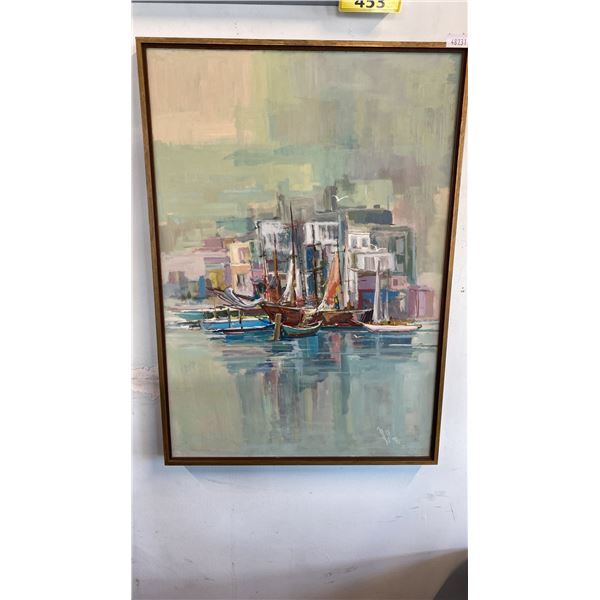 SIGNED AND DATED 1971 MID CENTURY MODERN ORIGINAL OIL ON BOARD PAINTING WITH TEAK FRAME