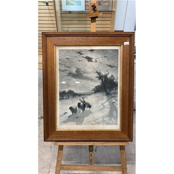 ANTIQUE OAK FRAMED J. FARQUHARSON "OVER SNOWFIELDS WASTE AND PATHLESS" PRINT
