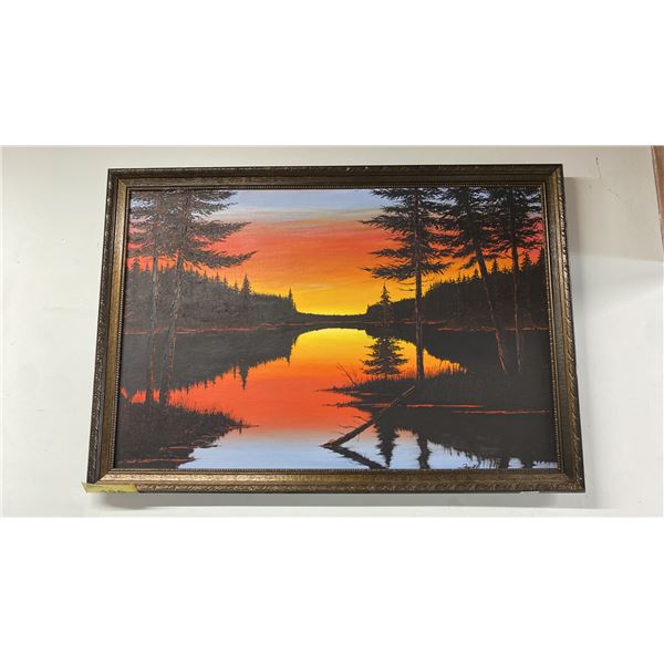 ORIGINAL OIL ON BOARD MOUNTAIN LAKE SUNSET SCENE PAINTING SIGNED SHANE HILL (39" X 27" FRAMED)