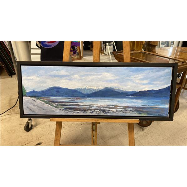 LORAINE WELLMAN ORIGINAL OIL ON CANVAS PAINTING "COASTAL MOUNTAIN SCENE" (14 1/4" X 38" FRAMED)