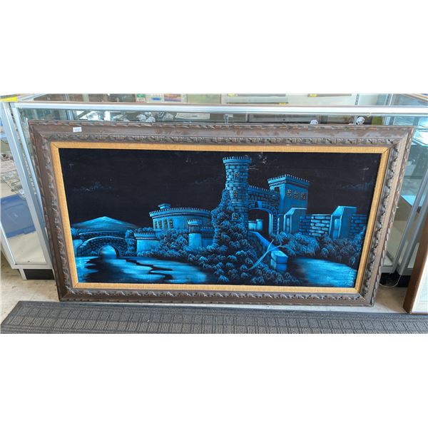 VINTAGE BLUE CASTLE ON BLACK VELVET PAINTING (35 1/2" X 63 1/2" FRAMED)