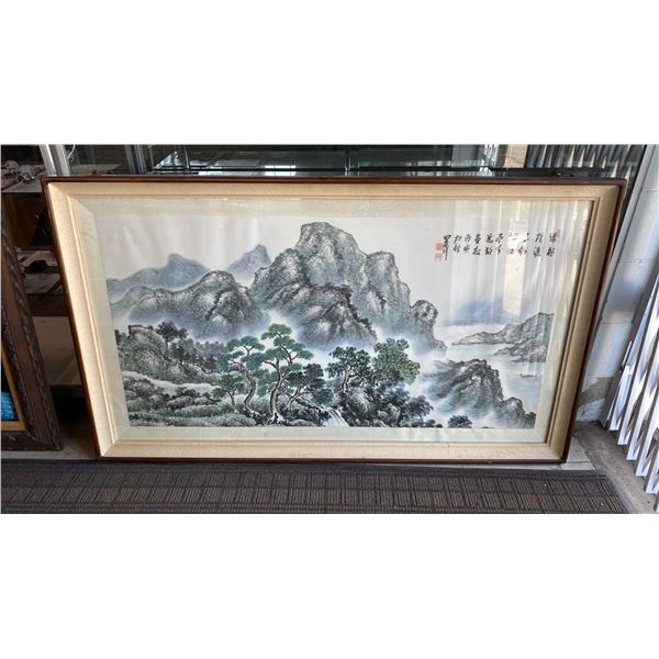 ORIGINAL "ASIAN MOUNTAIN VILLAGE SCENE" WATER COLOUR PAINTING SIGNED (34" X 57 1/2" FRAMED)