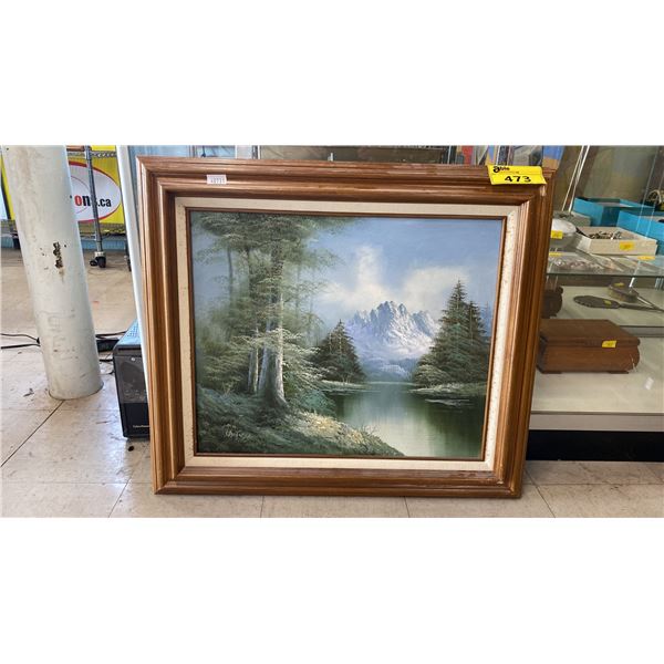 ORIGINAL OIL ON CANVAS PAINTING "MOUNTAIN LAKE SCENE" SIGNED CANTRELL (27 1/2" X 31 1/4" FRAMED)