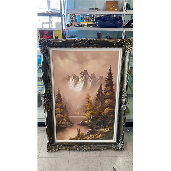 ORIGINAL OIL ON CANVAS PAINTING "MOUNTAIN LAKE SCENE" SIGNED (31" X 43" FRAMED)