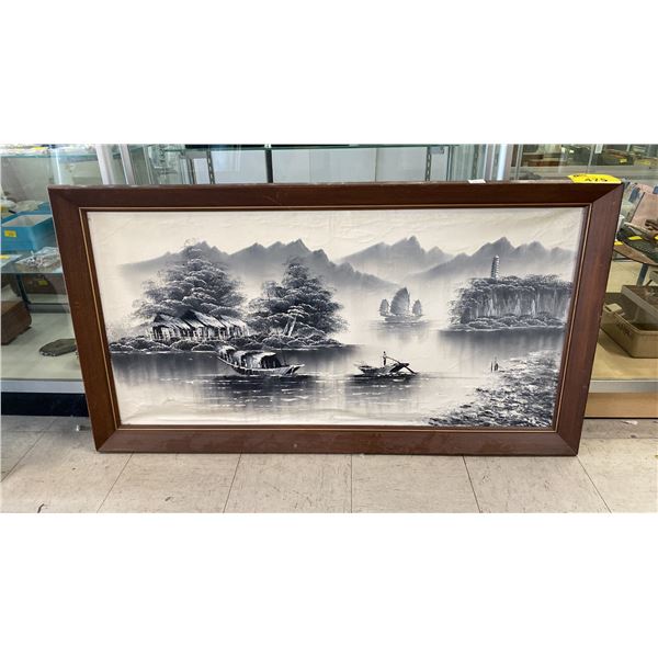 ORIGINAL OIL ON CANVAS PAINTING " ASIAN RIVER BOAT SCENE" SIGNED (28 1/2" X 52 1/4" FRAMED)