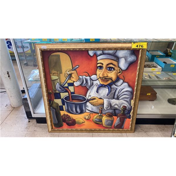 REFUSE  "HAPPY CHEF COOKING SCENE"  PRINT ON BOARD (31" X 31" FRAMED)