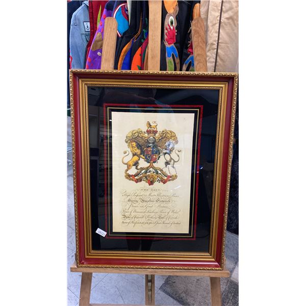 GREAT BRITAIN MONARCHY COMMEMORATIVE COAT OF ARMS PRINT (20 1/4" X 26 1/2" FRAMED)