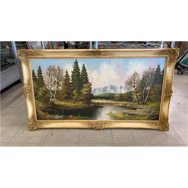 ORIGINAL OIL ON CANVAS PAINTING "MOUNTAIN LAKE SCENE" SIGNED (30" X 54" FRAMED)