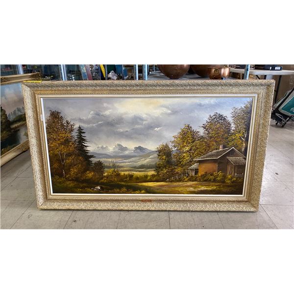 PETER KASZONYI ORIGINAL OIL ON CANVAS PAINTING "MOUNTAIN VALLEY HOMESTEAD SCENE" (31 1/2" X 55 1/2")