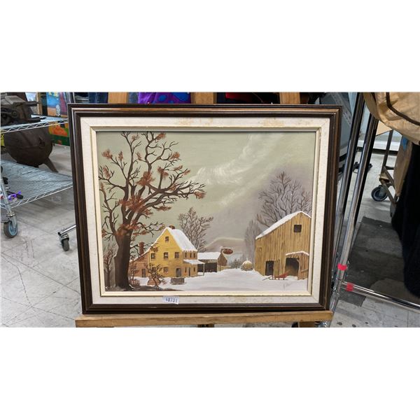 ORIGINAL OIL ON CANVAS PAINTING "WINTER FARM HOUSE SCENE" SIGNED ELLEN (18" X 22" FRAMED)